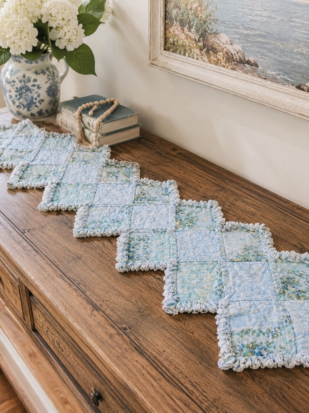 Handmade Blue Floral Rag Quilt Table Runner Cottage Farmhouse 35"